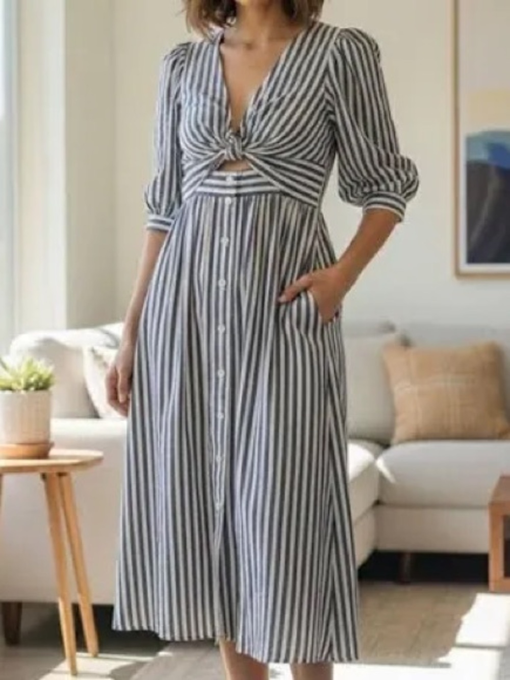 Madewell Navy and White Striped Tie-Front Midi Dress